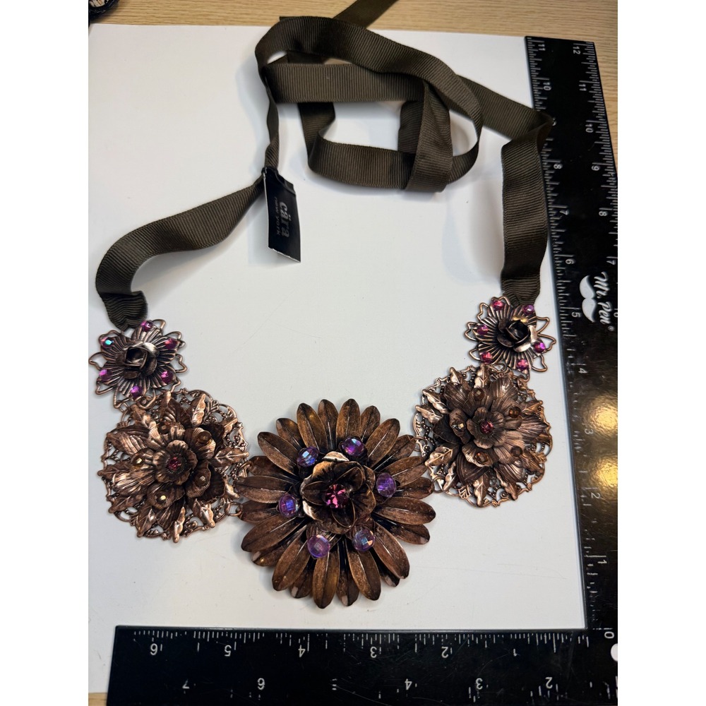 Cara New York Floral Bib Necklace Bronze Tone Purple Rhinestone Ribbon NE-3227